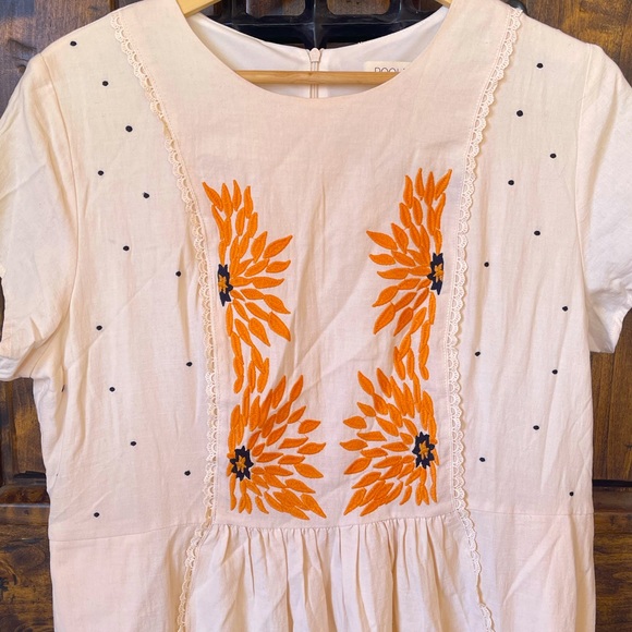 ROOLEE Cream Linen Cotton Dress Embroidered Orange Flowers Lace Trim XXXL NEW!!! - Picture 4 of 12